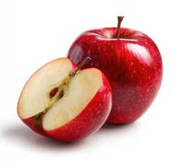 Two vibrant red apples, one whole and one sliced in half, against a white background.  The sliced apple displays a pale yellow interior