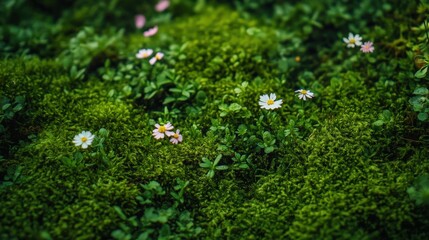 Lush green moss with tiny wildflowers, a detailed macro shot showcasing organic textures.