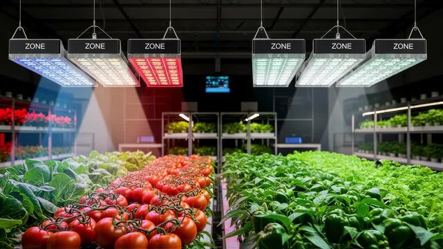 Adjustable LED grow lights casting customizable hues over rows of vegetables emphasizing energyefficient tailored lighting for indoor horticulture.