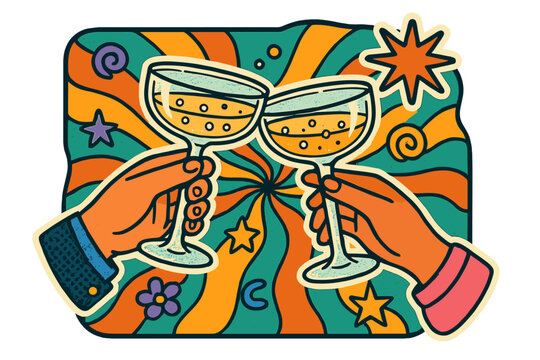 Vintage New Year party banner template in groovy 90s style with halftone sticker effect, two hands holding retro champagne glasses, trendy mixed media vector design celebration
