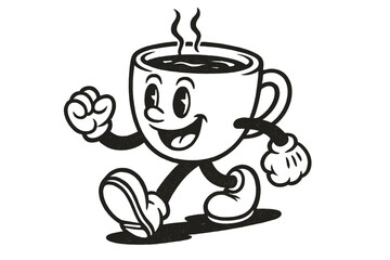 Vintage cartoon walking coffee cup mascot with groovy "But first, coffee" text. Retro paper mug character in 80s contour style. Hand drawn vector banner template.