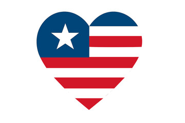 Vector heart shaped Liberian flag. National emblem of Liberia with star and stripes. Symbol of love, patriotism and independence. Graphic element for design, icon, label, badge.