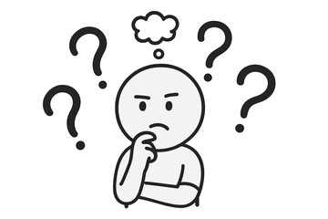 Man thinking with question marks. Concept of problem solving, doubt, curiosity. Confused person asking questions. Brainstorming, dilemma, faq, decision making idea. Vector.