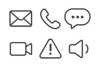 Communication icons vector set. Minimalist line art symbols for UI design. Email, phone, chat, video, alert, sound. Modern flat simple pictogram collection for web.
