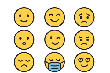 Fototapeta premium Emoji emoticon faces set. Collection of expressions. Mood, feeling, emotion. Happy, sad, angry, love, surprised, wink, face mask icon. Vector cartoon character symbol.