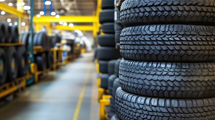 Stacks of industrial tires in a manufacturing facility, highlighting components of heavy industry.
