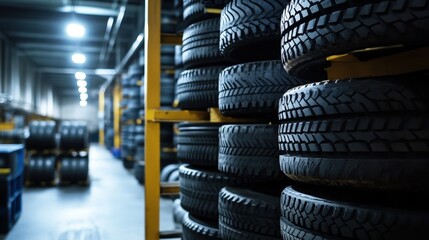 Stacks of industrial tires in a manufacturing facility, highlighting components of heavy industry.