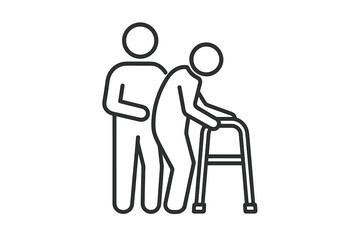 Fototapeta premium Caregiver helps elderly person with walker. Senior assistance, nursing home, and eldercare icon. Healthcare support for older people. Medical aid and rehabilitation concept. Vector.