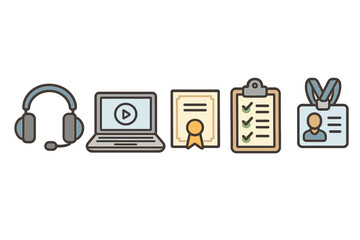 E-learning icon set for online education. Vector icons: headset, laptop, diploma, checklist, ID badge. Concept for distance learning, webinar, online course, and training.