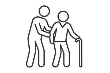 Elderly care and support vector line icon. Caregiver helping senior patient with a walking cane. Nursing home, assisted living, geriatrics, and healthcare for old people.