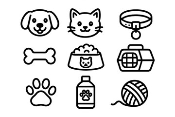 Pet care line icon set. Vector symbols for dog and cat lovers. Simple pictograms for vet or shop. Includes food bowl, collar, carrier, bone, toy, paw. Animal outline.