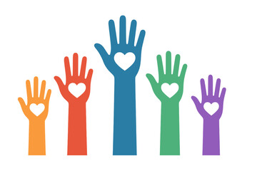 Obraz premium Vector of raised colorful hands with hearts. Concept for volunteering, charity, donation, and support. Symbol of teamwork, community, diversity, love, and social help.