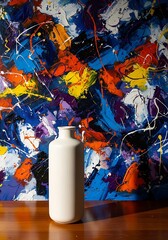 Contemporary still life featuring vase against a vibrant abstract painting
