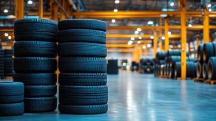 Stacks of industrial tires in a manufacturing facility, highlighting components of production.