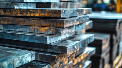 Stacks of raw materials like metal bars in a manufacturing facility, depicting industrial supplies.