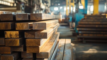 Stacks of raw materials like metal bars in a manufacturing facility, depicting industrial supplies.