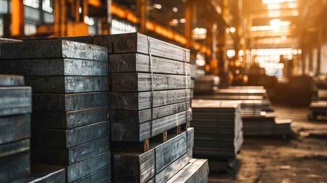 Stacks of raw materials like metal bars in a manufacturing facility, depicting industrial supplies.