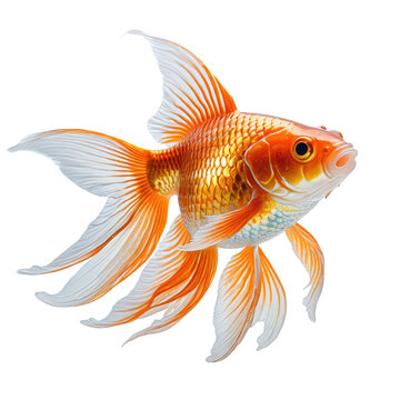 Majestic goldfish with orange and white fins, isolated on black