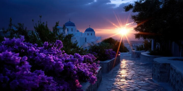 Sunset over white buildings and vibrant flowers in a serene village - Powered by Adobe