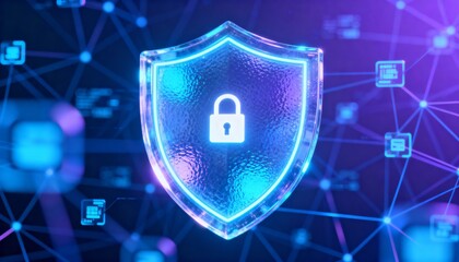 3D holographic shield with lock icon, cybersecurity defense visualization, glowing digital network background