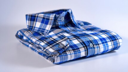A blue and white plaid shirt is neatly folded, displaying its button details and design against a light background, highlighting its textile quality.