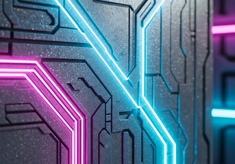 Futuristic concrete wall with intricate geometric patterns and vibrant neon accents creating a digital ambiance