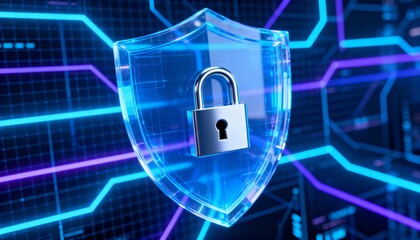 3D holographic shield with lock icon, cybersecurity defense visualization, glowing digital network background