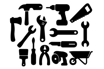 Tool silhouette icon set. Vector collection of hand and power tools for construction, repair, and DIY projects. Workshop hardware equipment like hammer, drill, saw, and wrench.