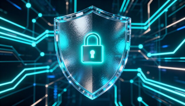 3D holographic shield with lock icon, cybersecurity defense visualization, glowing digital network background