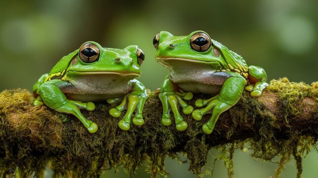 Two vibrant green tree frogs sitting perfectly camouflaged on a mossy branch.