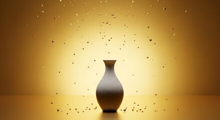 Golden ambient display featuring a classic vase and scattered elements