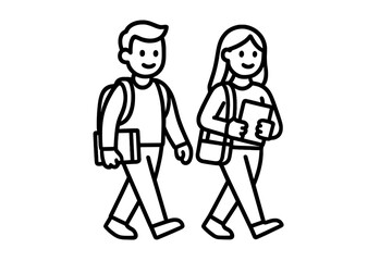 Two students, a boy and a girl, walking to class. University classmates with backpacks and books. Back to school concept for education and friendship. Vector thin line icon.
