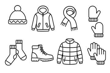 Winter clothing essentials icon set in simple linear style. Vector outline illustration for cold weather. Apparel collection with jacket, hat, scarf, gloves, and boots.