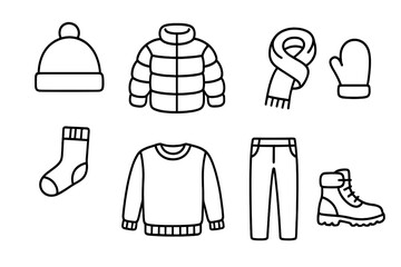 Winter clothing essentials icon set. Cold weather apparel collection. Vector line art. Simple outline icons. Jacket, hat, scarf, gloves, boot, sock, sweater. Fashion element.