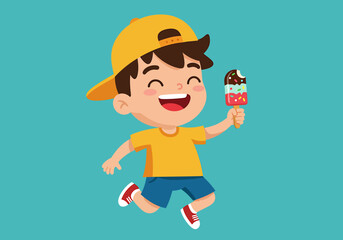 Happy cartoon boy jumping up with ice cream on a stick