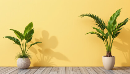 Lush green plants in decorative pots against vibrant pastel yellow wall create refreshing and inviting atmosphere. interplay of shadows adds depth and warmth to scene