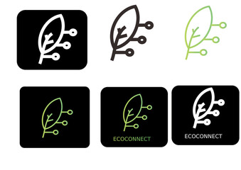 A collection of ecoconnect logo templates featuring a leaf integrated with a digital circuit, symbolizing green technology and sustainable innovation