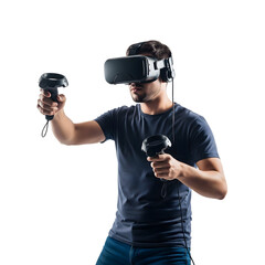 A person immersed in a virtual reality experience, wearing a VR headset and holding controllers. The person is fully engaged in the experience