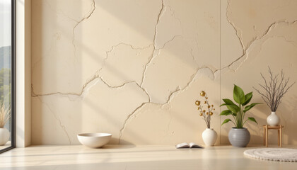 Serene interior space featuring minimalistic design with cracked beige wall, natural light streaming through large windows, and decorative plants stylish pots. atmosphere is calm and inviting