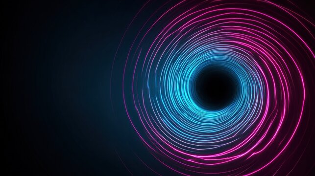 A neon-lit spiral vortex glows with pink and cyan hues, receding into a dark, central void