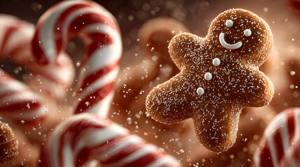 Festive Gingerbread and Candy Canes | Christmas Cookies Close-Up | Holiday Treats and Sweets
