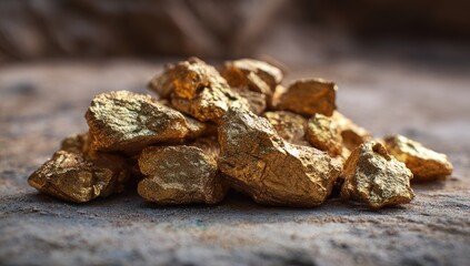 A close-up of a pile of rough, glistening golden nuggets, bathed in warm light