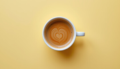 Coffee cup with heart shaped latte art sits on vibrant yellow background, creating warm and inviting atmosphere. creamy texture and rich color of beverage enhance visual appeal