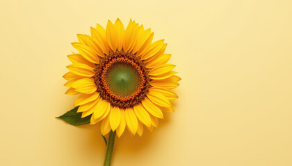 Bright sunflower isolated on yellow background, showcasing vibrant petals and detailed center, radiating warmth and positivity. Perfect for nature themed designs