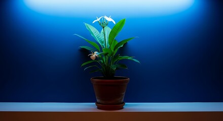 Luminous Blue Backdrop Features a Potted Plant Radiating Tranquility