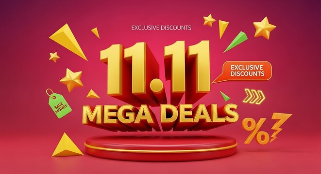 1111 Mega Deals Sale on a Red Podium with Golden Text. - Powered by Adobe