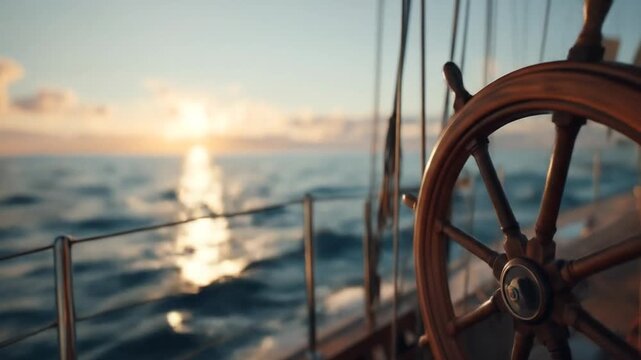Serene golden hour ocean sunset from a classic sailboat deck, focusing on a vintage wooden steering wheel and calm sea waves.