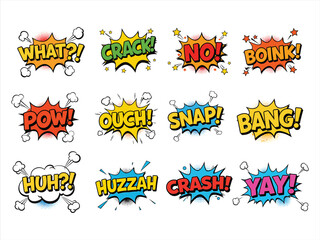 Obraz premium Vibrant and explosive comic pop art sound effects with dynamic speech bubbles set