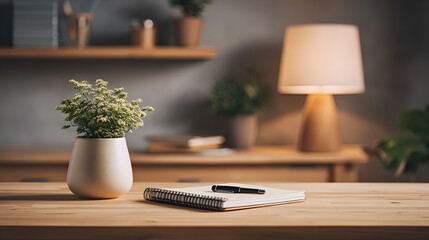 Minimalist Desk with Plant and Lamp | Calm Home Office Scene | Modern Workspace Still Life