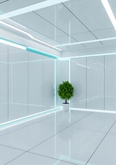 Modern, minimalist interior with plant accent and futuristic architecture
